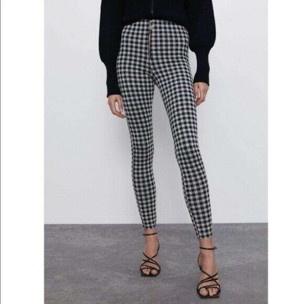 Zara Checkered Front Zip Up Mid Waist Skinny Stretch Ankle Pants S Black White